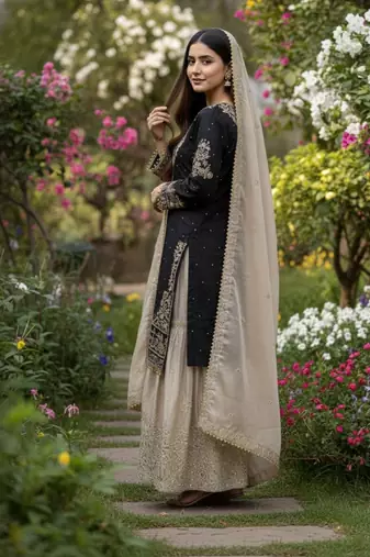 black embroidered silk kurta sharara set