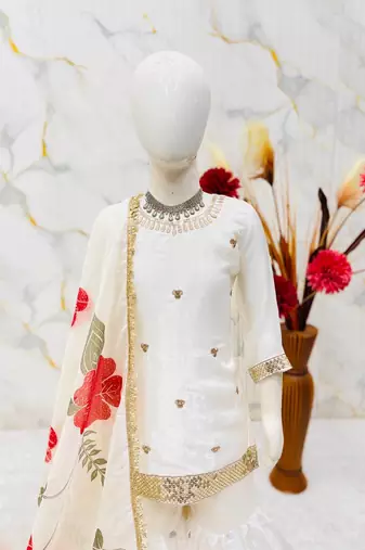 off white embroidered silk girls sharara set