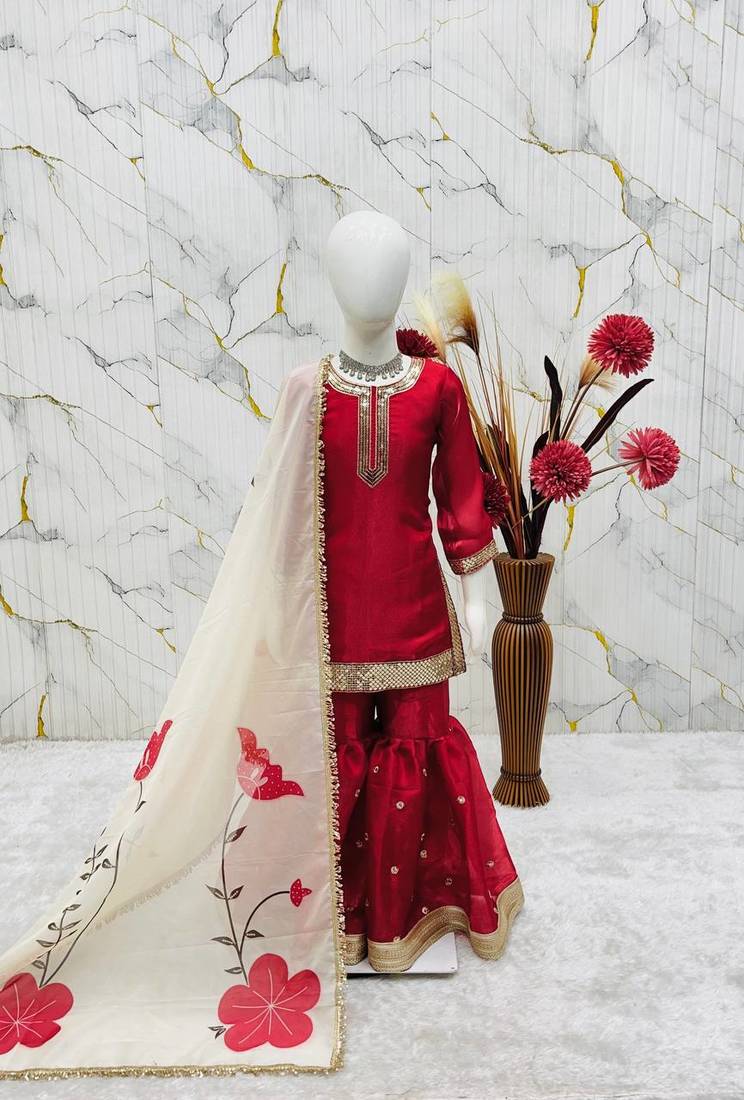 Maroon silk girls sharara set