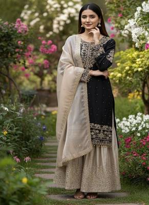 black embroidered silk kurta sharara set 3