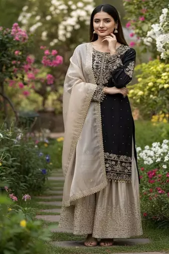 black embroidered silk kurta sharara set