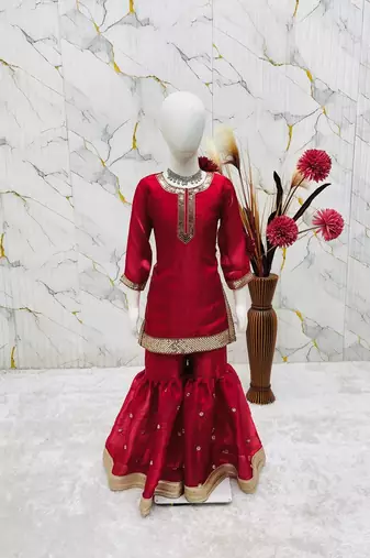 maroon embroidered silk girls sharara set