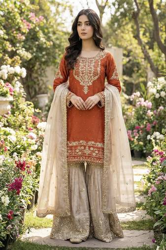 Orange embroidered kurta sharara set with silk dupatta party wear