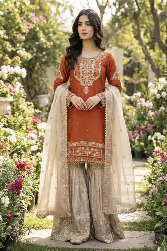 Orange embroidered kurta sharara set with silk dupatta party wear