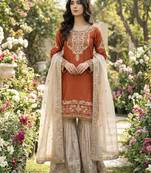 orange embroidered silk kurta sharara set