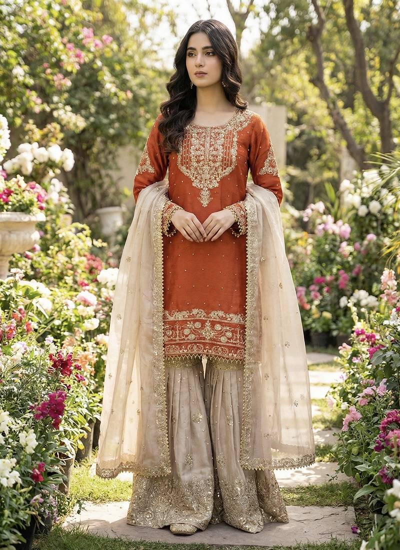 Orange embroidered kurta sharara set with silk dupatta party wear