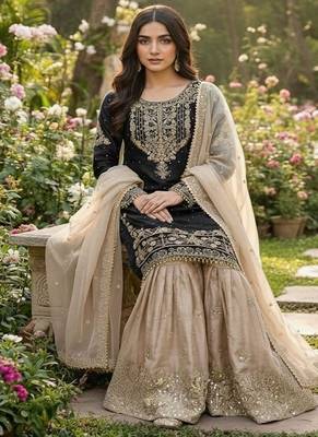 black embroidered silk kurta sharara set 4