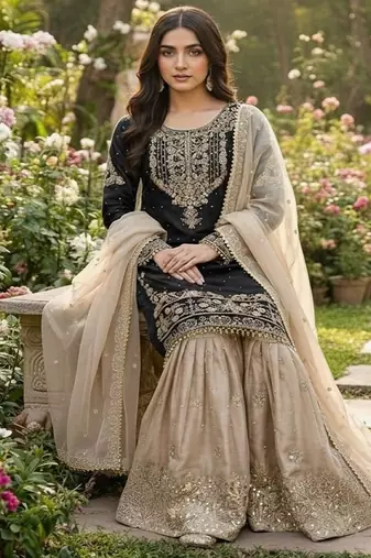 black embroidered silk kurta sharara set