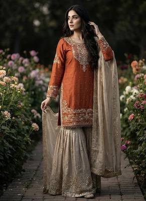orange embroidered silk kurta sharara set 2