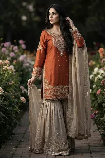 orange embroidered silk kurta sharara set