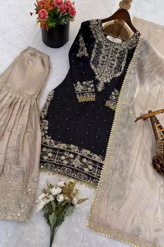black embroidered silk kurta sharara set