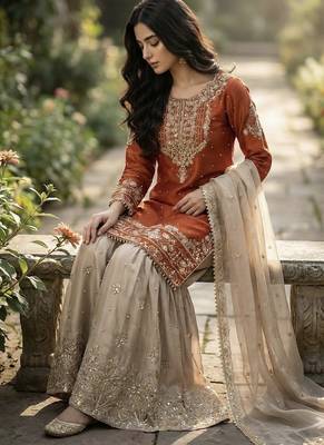 orange embroidered silk kurta sharara set 3