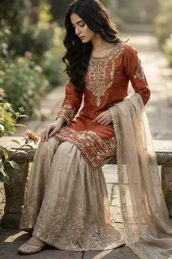 orange embroidered silk kurta sharara set
