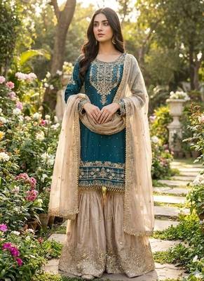 sea green embroidered silk kurta sharara set 1