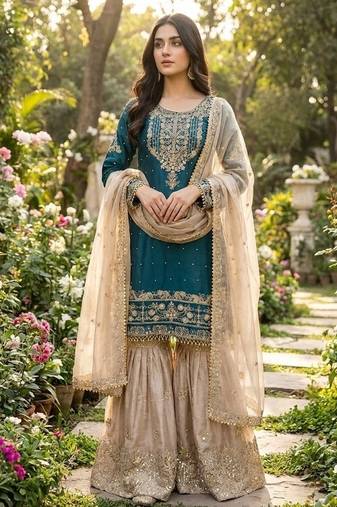 Rama embroidered kurta sharara set with silk dupatta party wear