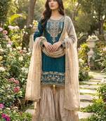 sea green embroidered silk kurta sharara set