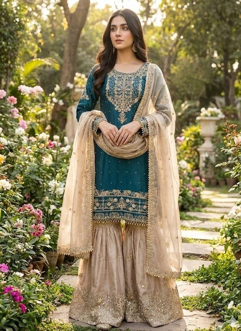 Rama embroidered kurta sharara set with silk dupatta party wear