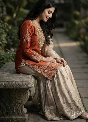orange embroidered silk kurta sharara set 4