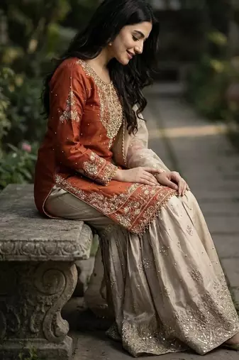 orange embroidered silk kurta sharara set
