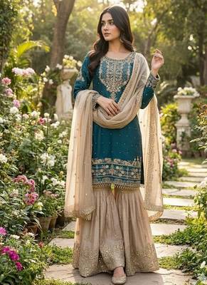 sea green embroidered silk kurta sharara set 2
