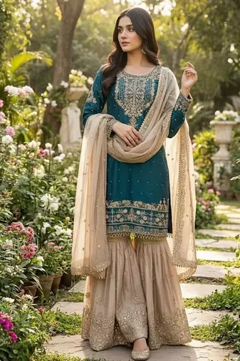 sea green embroidered silk kurta sharara set