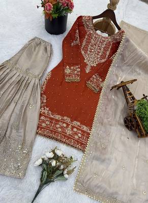 orange embroidered silk kurta sharara set 5