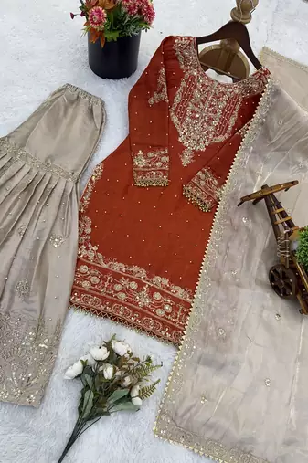 orange embroidered silk kurta sharara set