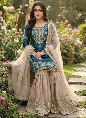 sea green embroidered silk kurta sharara set 3