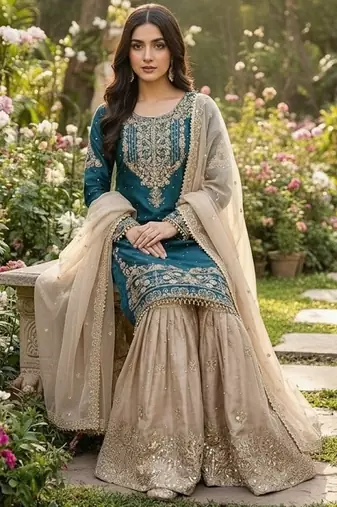 sea green embroidered silk kurta sharara set