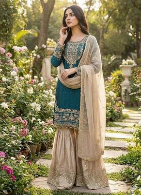 sea green embroidered silk kurta sharara set 4