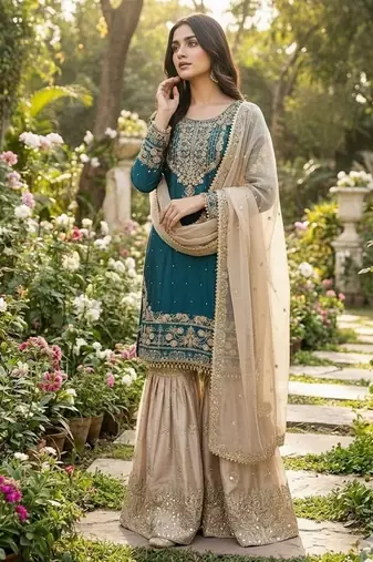 sea green embroidered silk kurta sharara set