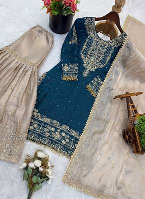 sea green embroidered silk kurta sharara set 5