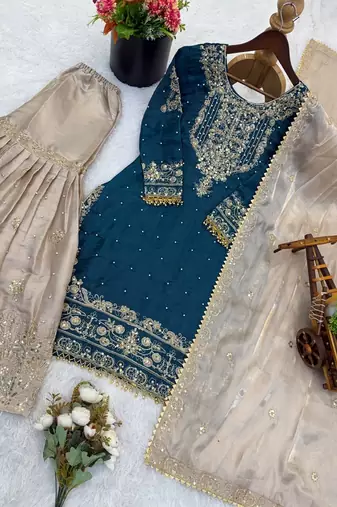sea green embroidered silk kurta sharara set