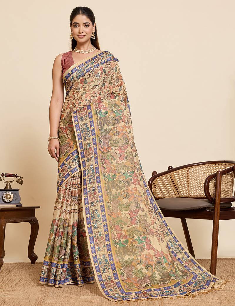 Multicolor printed linen bollywood saree with blouse