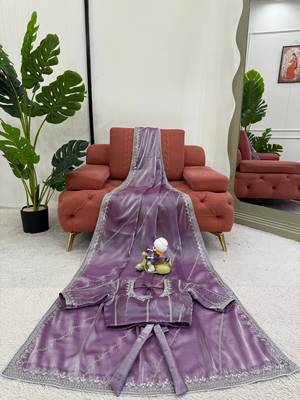 Lavender Color Thread & Sequins Embroidery With Piping Work Jmc Silk Saree 5