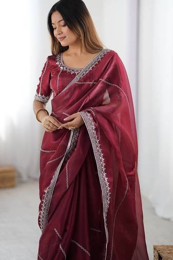 Maroon Color Thread & Sequins Embroidery With Piping Work Jmc Silk Saree