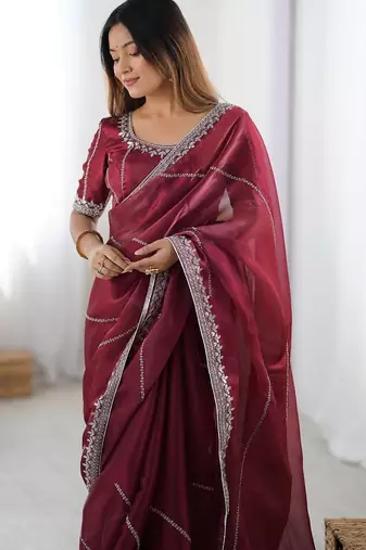 Maroon Color Thread & Sequins Embroidery With Piping Work Jmc Silk Saree
