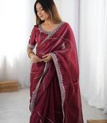 Maroon Color Thread & Sequins Embroidery With Piping Work Jmc Silk Saree