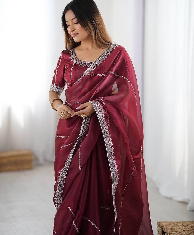 Maroon Color Thread & Sequins Embroidery With Piping Work Jmc Silk Saree