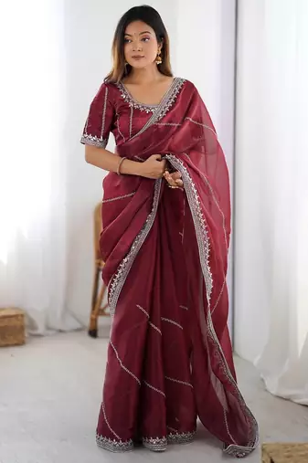 Maroon Color Thread & Sequins Embroidery With Piping Work Jmc Silk Saree