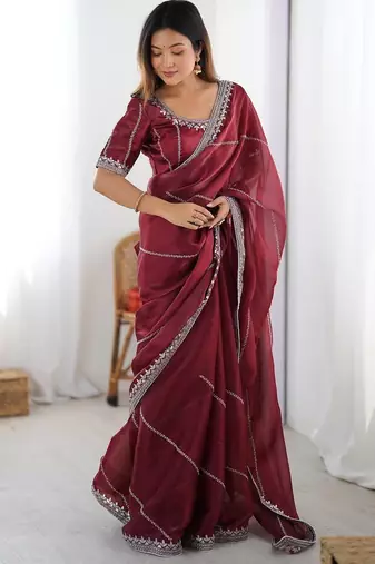 Maroon Color Thread & Sequins Embroidery With Piping Work Jmc Silk Saree