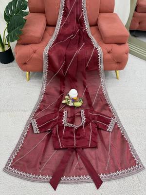 Maroon Color Thread & Sequins Embroidery With Piping Work Jmc Silk Saree 5