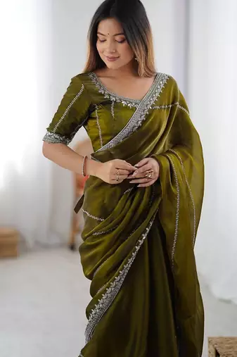 Olive Color Thread & Sequins Embroidery With Piping Work Jmc Silk Saree