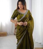 Olive Color Thread & Sequins Embroidery With Piping Work Jmc Silk Saree