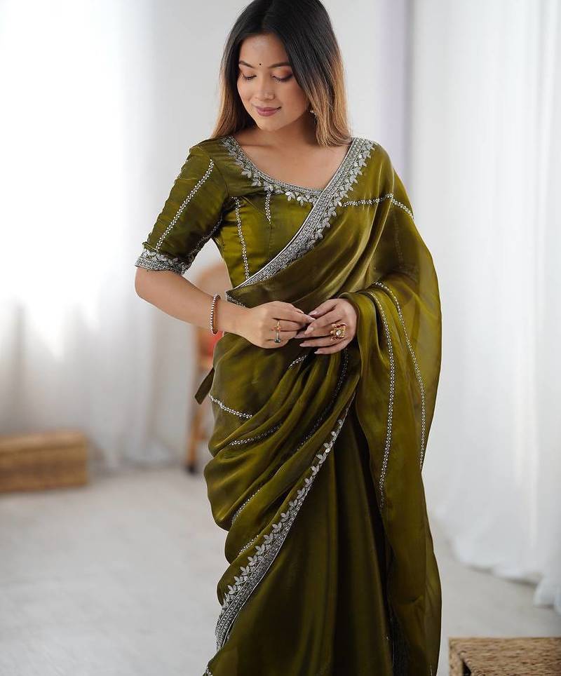 Olive Color Thread & Sequins Embroidery With Piping Work Jmc Silk Saree