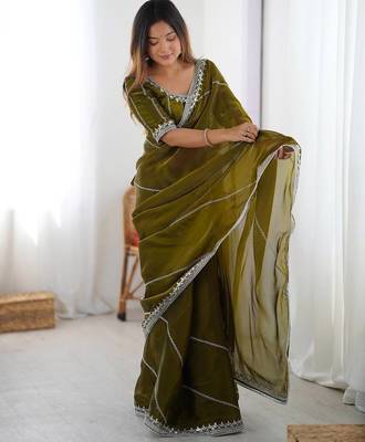 Olive Color Thread & Sequins Embroidery With Piping Work Jmc Silk Saree 3