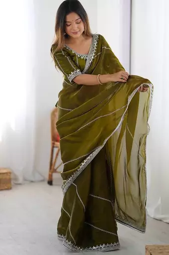 Olive Color Thread & Sequins Embroidery With Piping Work Jmc Silk Saree
