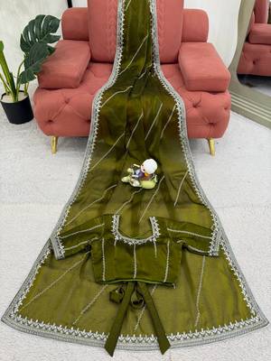 Olive Color Thread & Sequins Embroidery With Piping Work Jmc Silk Saree 5