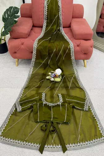 Olive Color Thread & Sequins Embroidery With Piping Work Jmc Silk Saree