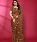 Brown fendy silk linear sequence beads work bollywood saree